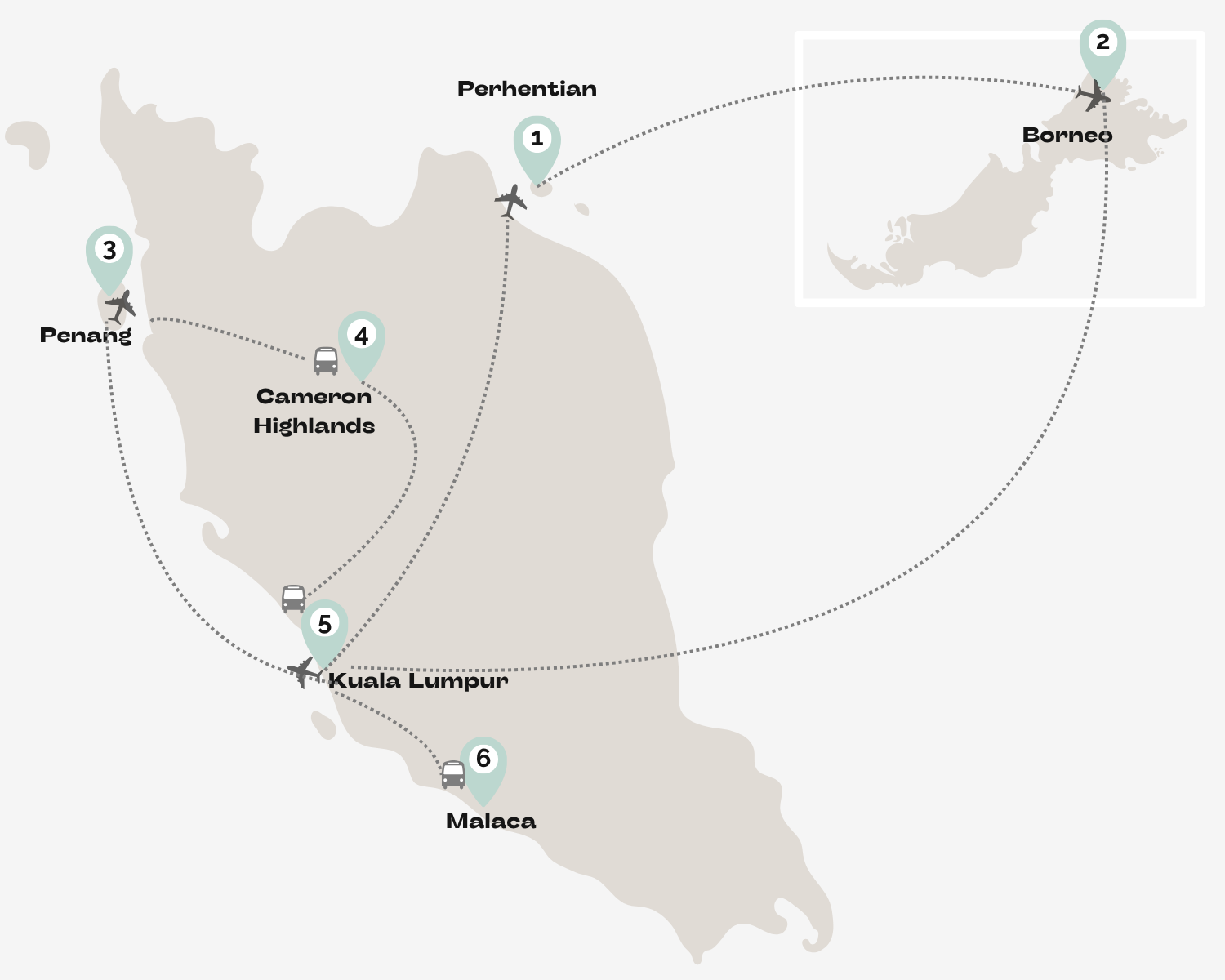 Mapa Ruta Malasia y Borneo Mapa de ruta por Malasia y Borneo con Perhentian, Sepilok, Penang, Cameron Highlands, Kuala Lumpur y Malaca